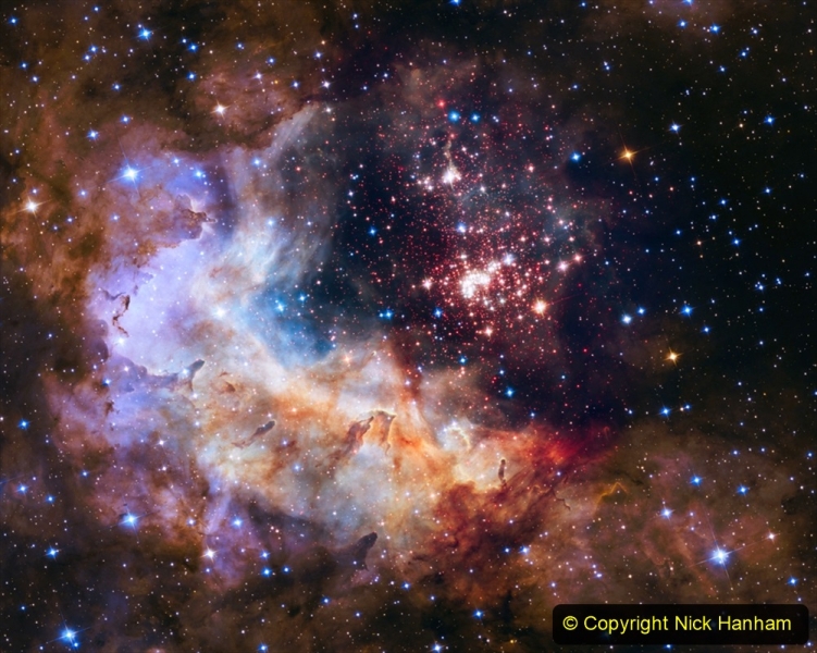   This NASA/ESA Hubble Space Telescope image of the cluster Westerlund 2 and its surroundings has been released to celebrate Hubble’s 25th year in orbit and a quarter of a century of new discoveries, stunning images and outstanding science. The image’s central region, containing the star cluster, blends visible-light data taken by the Advanced Camera for Surveys and near-infrared exposures taken by the Wide Field Camera 3. The surrounding region is composed of visible-light observations taken by the Advanced Camera for Surveys.