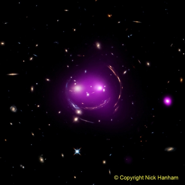 Astronomers think that in the future the "Cheshire Cat" group will become what is known as a fossil group, a gathering of galaxies that contains one giant elliptical galaxy and other much smaller, fainter ones. Today, researchers know each "eye" galaxy is the brightest member of its own group of galaxies and these two groups are racing toward one another at over 300,000 miles per hour. Data from Chandra (purple), which has been combined with optical data from Hubble, show hot gas that has been heated to millions of degrees, which is evidence that the galaxy groups are slamming into one another. Chandra's X-ray data also reveal that the left "eye" of the Cheshire Cat group contains an actively feeding supermassive black hole at the center of the galaxy.