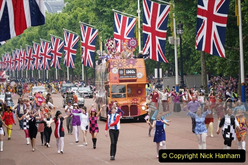 Dancers parade during the Platinum Jubilee Pageant in front of Buckingham Palace, London, on day four of the Platinum Jubilee celebrations. Picture date: Sunday June 5, 2022. (Photo by Yui Mok/PA Images via Getty Images)