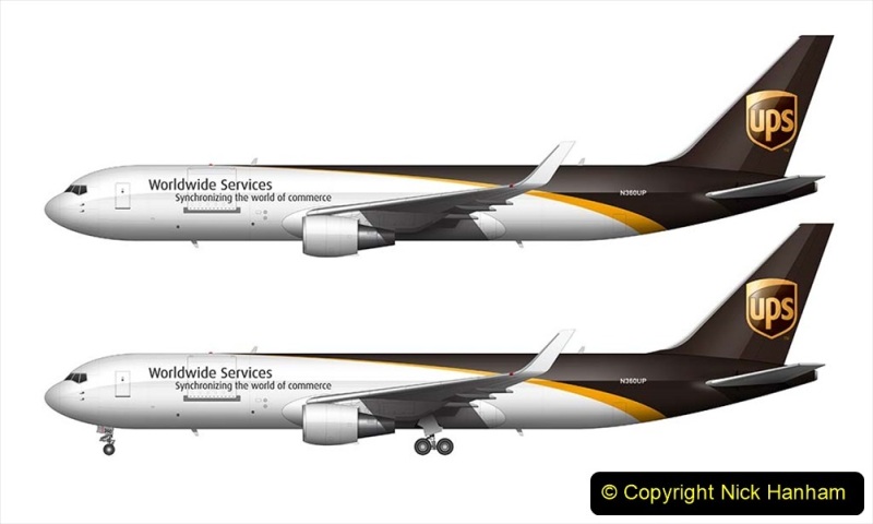 A side profile illustration of a United Parcel Service (UPS) Boeing 767-34AF/ER with winglets over a blank background with and without the landing gear deployed