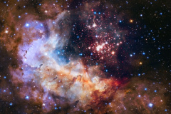   This NASA/ESA Hubble Space Telescope image of the cluster Westerlund 2 and its surroundings has been released to celebrate Hubble’s 25th year in orbit and a quarter of a century of new discoveries, stunning images and outstanding science. The image’s central region, containing the star cluster, blends visible-light data taken by the Advanced Camera for Surveys and near-infrared exposures taken by the Wide Field Camera 3. The surrounding region is composed of visible-light observations taken by the Advanced Camera for Surveys.