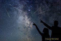 Happy family are watching Meteor Shower. Nigh Sky.