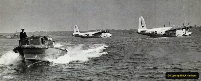 UNITED KINGDOM - FEBRUARY 10:  Two British Overseas Airways Corporation (BOAC), 1946. Two British Overseas Airways Corporation (BOAC). Short Sunderland flying boats at their moorings after returning from Calcutta to Poole Harbour on 4 February 1946. The passenger tender in the foreground.  (Photo by Science & Society Picture Library/SSPL/Getty Images)
