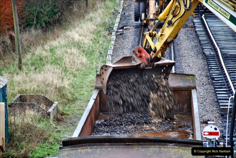 2022-01-10 Corfe Castle station track renewal. (152) First ballast removal. 152
