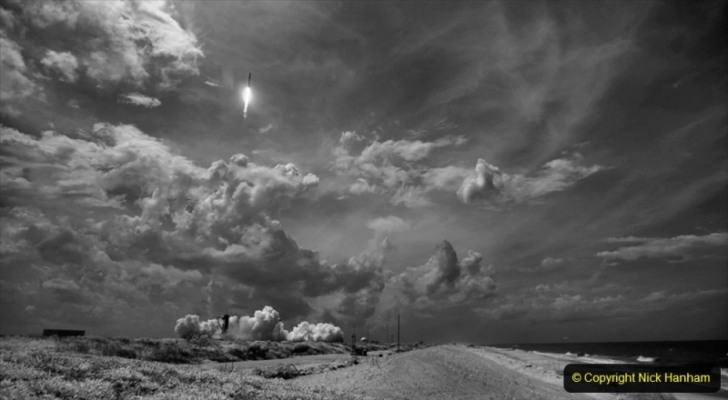 In this black and white infrared image, a SpaceX Falcon 9 rocket carrying the company's Crew Dragon spacecraft is launched on NASA’s SpaceX Demo-2 mission to the International Space Station with NASA astronauts Robert Behnken and Douglas Hurley onboard, Saturday, May 30, 2020, at NASA’s Kennedy Space Center in Florida. The Demo-2 mission is the first launch with astronauts of the SpaceX Crew Dragon spacecraft and Falcon 9 rocket to the International Space Station as part of the agency’s Commercial Crew Program. The test flight serves as an end-to-end demonstration of SpaceX’s crew transportation system. Behnken and Hurley launched at 3:22 p.m. EDT on Saturday, May 30, from Launch Complex 39A at the Kennedy Space Center. A new era of human spaceflight is set to begin as American astronauts once again launch on an American rocket from American soil to low-Earth orbit for the first time since the conclusion of the Space Shuttle Program in 2011. Photo Credit: (NASA/Joel Kowsky)