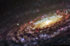 This NASA/ESA Hubble Space Telescope image shows a spiral galaxy known as NGC 7331. First spotted by the prolific galaxy hunter William Herschel in 1784, NGC 7331 is located about 45 million light-years away in the constellation of Pegasus (The Winged Horse). Facing us partially edge-on, the galaxy showcases it’s beautiful arms which swirl like a whirlpool around its bright central region. Astronomers took this image using Hubble’s Wide Field Camera 3 (WFC3), as they were observing an extraordinary exploding star — a supernova — which can still be faintly seen as a tiny red dot near the galaxy’s central yellow core. Named SN2014C, it rapidly evolved from a supernova containing very little Hydrogen to one that is Hydrogen-rich — in just one year. This rarely observed metamorphosis was luminous at high energies and provides unique insight into the poorly understood final phases of massive stars. NGC 7331 is similar in size, shape, and mass to the Milky Way. It also has a comparable star formation rate, hosts a similar number of stars, has a central supermassive black hole and comparable spiral arms. The primary difference between our galaxies is that NGC 7331 is an unbarred spiral galaxy — it lacks a “bar” of stars, gas and dust cutting through its nucleus, as we see in the Milky Way. Its central bulge also displays a quirky and unusual rotation pattern, spinning in the opposite direction to the galactic disc itself. By studying similar galaxies we hold a scientific mirror up to our own, allowing us to build a better understanding of our galactic environment which we cannot always observe, and of galactic behaviour and evolution as a whole.