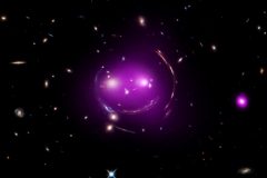 Astronomers think that in the future the "Cheshire Cat" group will become what is known as a fossil group, a gathering of galaxies that contains one giant elliptical galaxy and other much smaller, fainter ones. Today, researchers know each "eye" galaxy is the brightest member of its own group of galaxies and these two groups are racing toward one another at over 300,000 miles per hour. Data from Chandra (purple), which has been combined with optical data from Hubble, show hot gas that has been heated to millions of degrees, which is evidence that the galaxy groups are slamming into one another. Chandra's X-ray data also reveal that the left "eye" of the Cheshire Cat group contains an actively feeding supermassive black hole at the center of the galaxy.