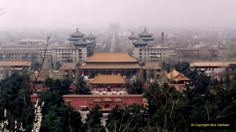 China 1993 April. (84) in Jingshan Park. Dim view towards The Drum Tower.084