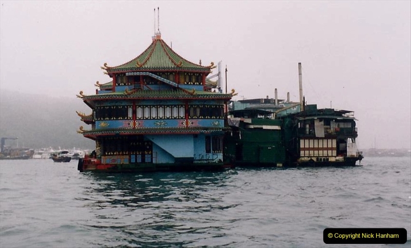 China 1993 April China into Hong Kong. (32) Aberdeen Harbour boat trip. Still very misty. The floating fish restaurants. 032
