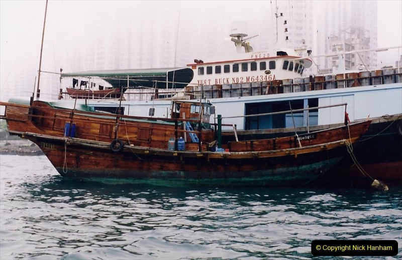 China 1993 April China into Hong Kong. (40) Aberdeen Harbour boat trip. Still very misty. 040
