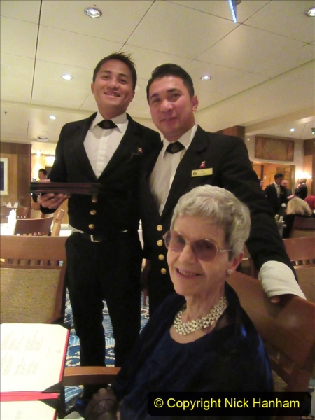 2019_11_03 to 17 Cunard's Queen Mary New York to Southampton @ first Literature Festival at Sea.  (120) Our last formal evening. Our GREAT table waiters.120