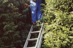 April 1990 Your Host alters the back garden. (63) Pruning trees with the help of my late Mother. 63